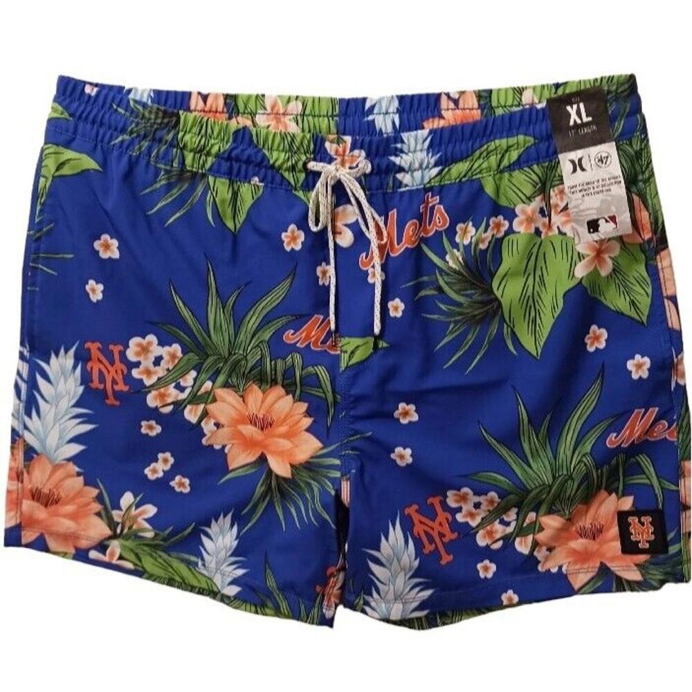Hurley Swim Trunks MLB NEW YORK METS Men's XL BLUE Tropical Floral Board Shorts